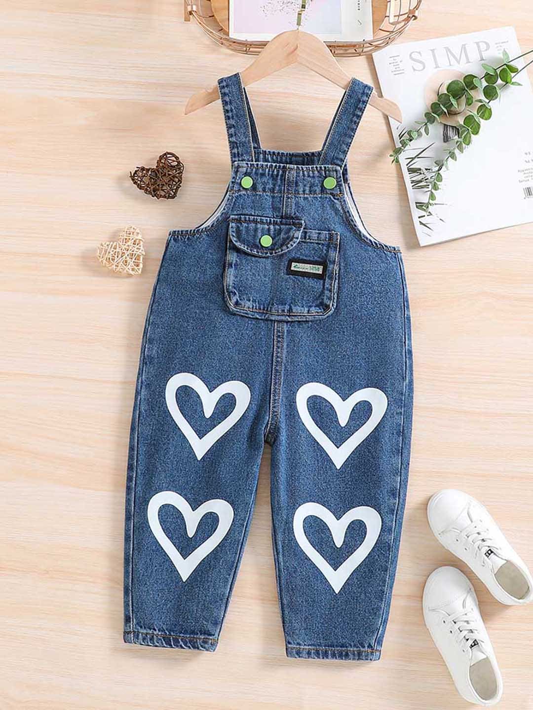 Girls Dark Blue Heart Print Solid Jumpsuit Jumpsuits Dark Blue 1-2 Y 