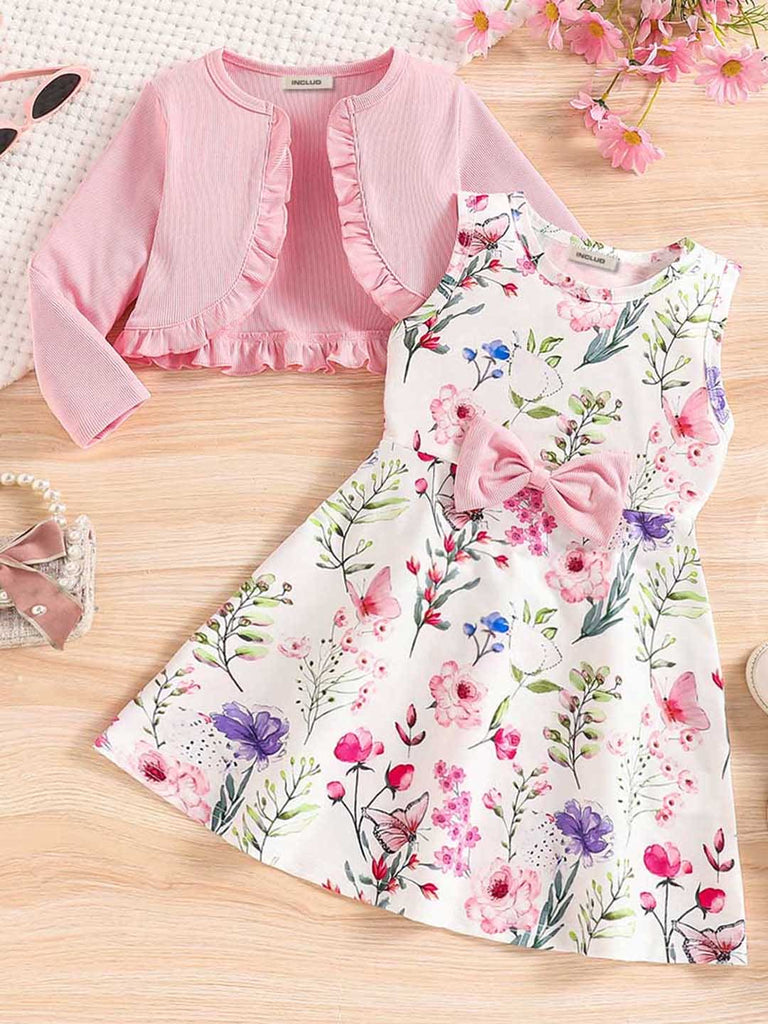 Girls Off White Floral Print Fit & Flare Sleeveless Dress with Shrug Casual Dresses Off White 1-2 Y 