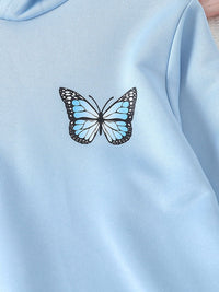 Girls Blue Butterfly Print Hooded Sweatshirt with Denim Set Sets   