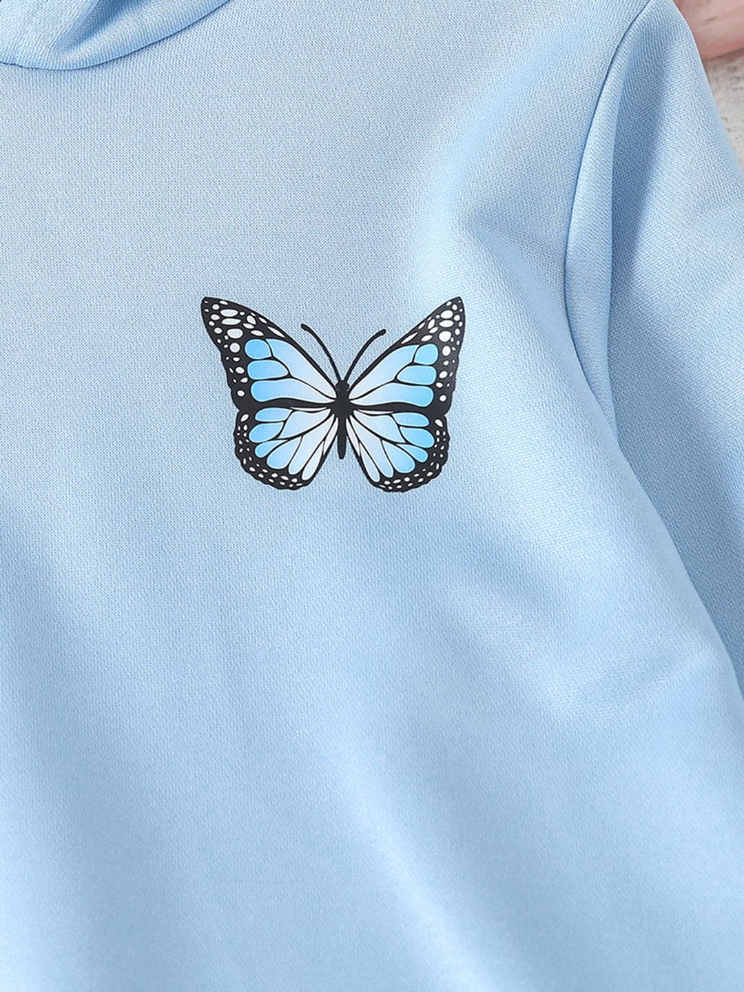 Girls Blue Butterfly Print Hooded Sweatshirt with Denim Set Sets   