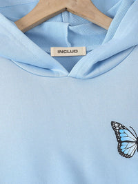 Girls Blue Butterfly Print Hooded Sweatshirt with Denim Set Sets   