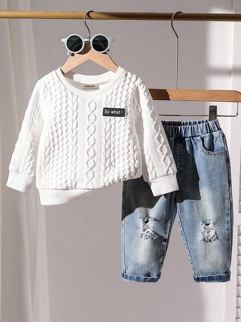 Boys White Cable Knit Sweatshirt With Denim Pants Sets Sets White 6-9 M 