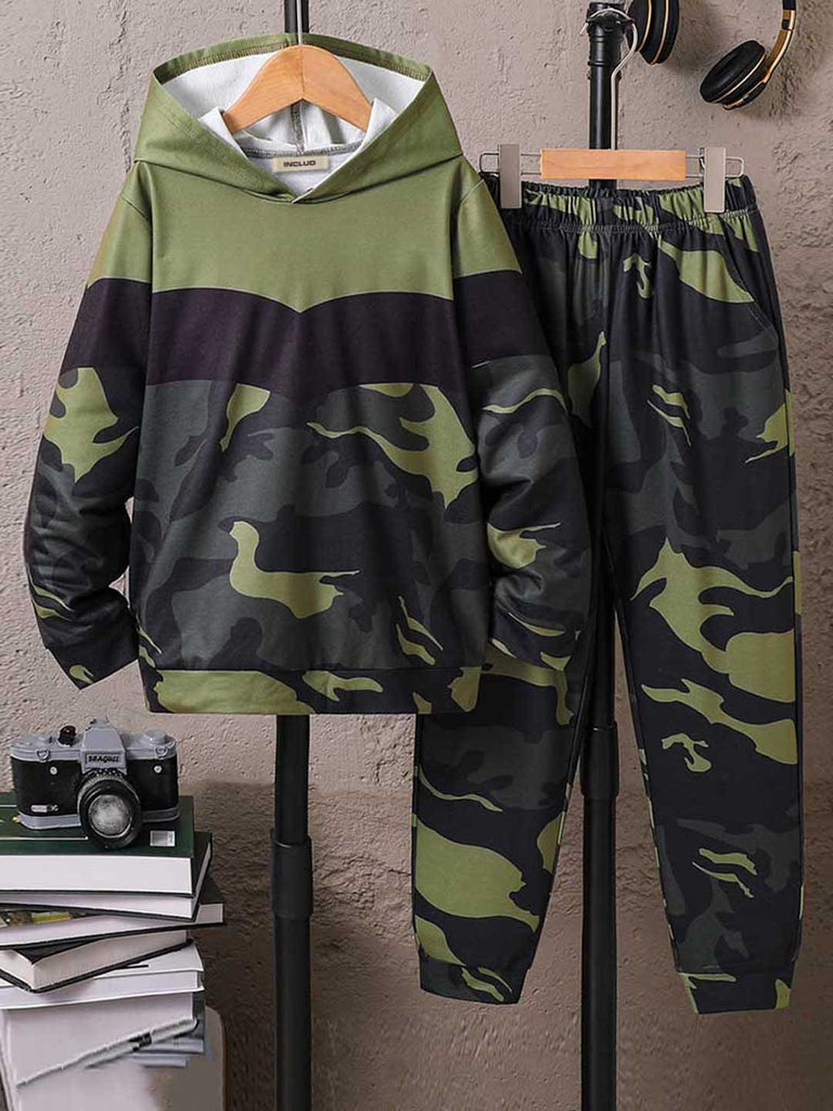 Boys Green Camouflage Print Hooded Sweatshirt with Trouser Set