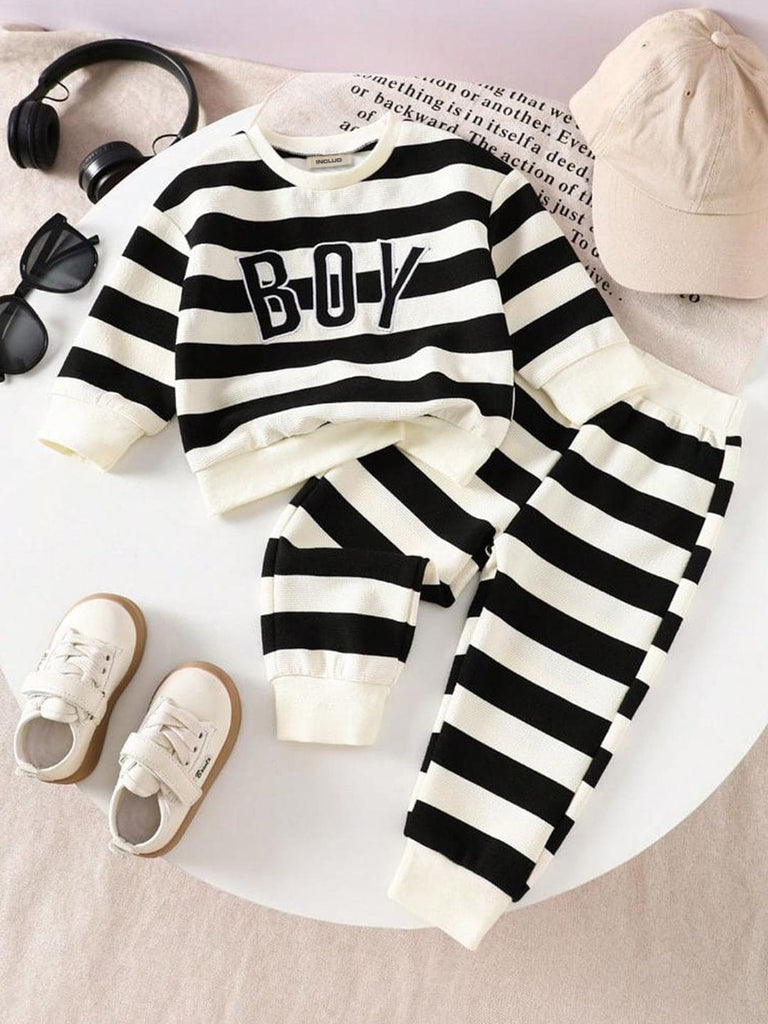 Boys Black Striped Long Sleeve Sweatshirt With Pants Set Sets Black 6-9 M 