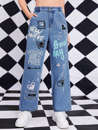 Girls Blue Print Straight Fit Denim Jeans Jeans Blue 8-9 Y 