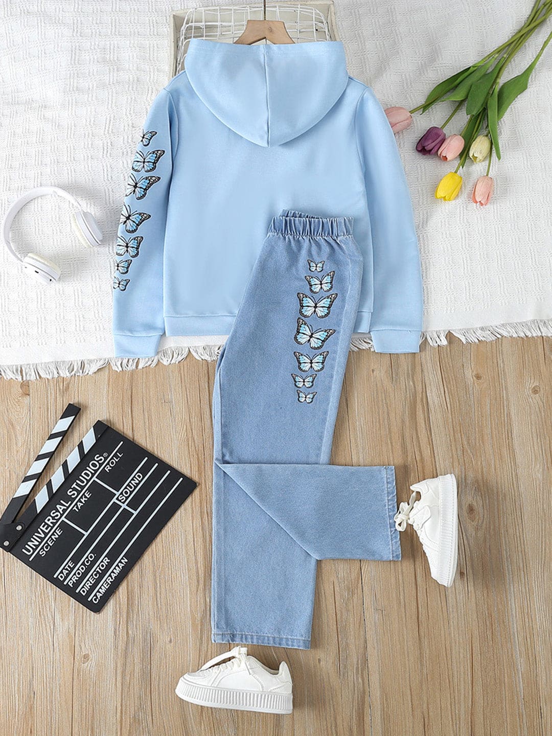 Girls Blue Butterfly Print Hooded Sweatshirt with Denim Set Sets   