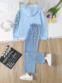 Girls Blue Butterfly Print Hooded Sweatshirt with Denim Set Sets   