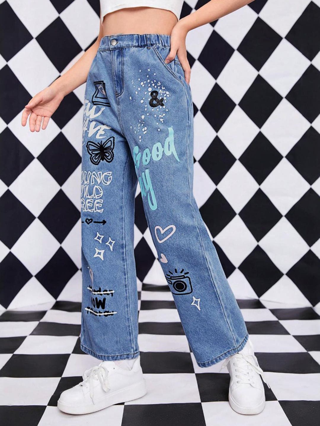 Girls Blue Print Straight Fit Denim Jeans Jeans   