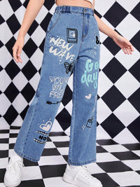 Girls Blue Print Straight Fit Denim Jeans Jeans   