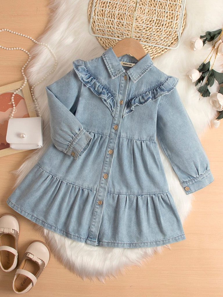 Girls Blue Denim Full Sleeves Tiered Dress Casual Dresses Blue 4-5 Y 