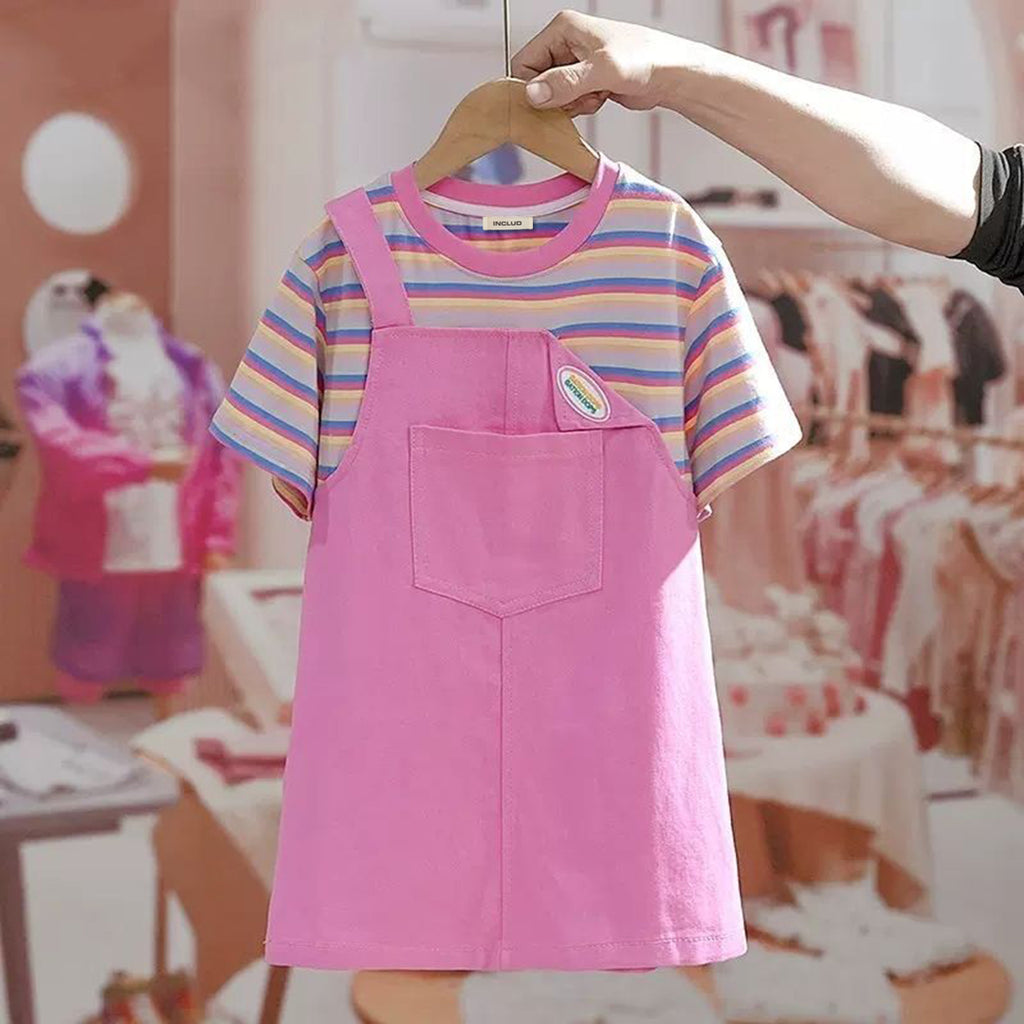 Girls Striped T-shirt with attached Pinafore Dress