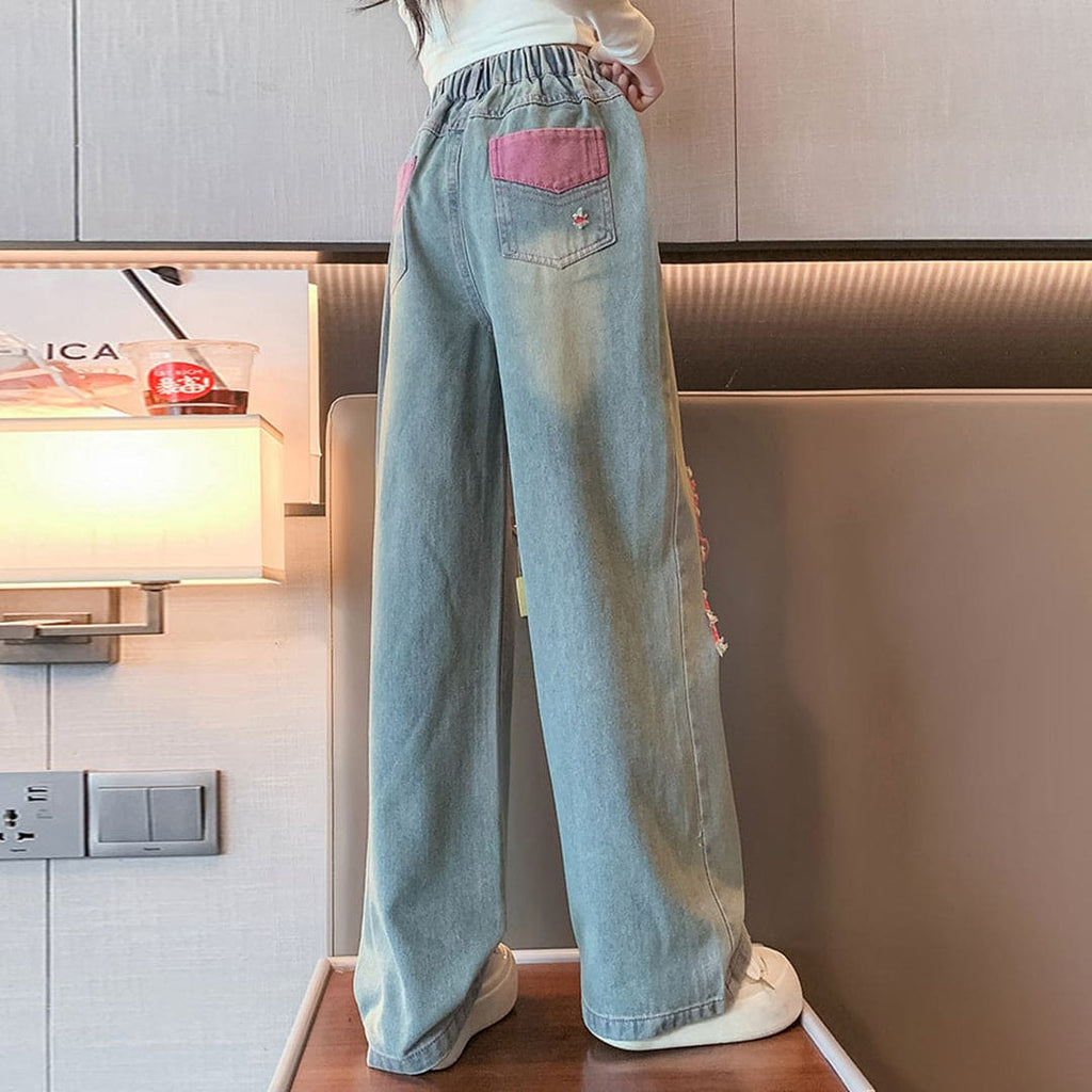 Girls Pink Distressed Baggy Fit Jeans