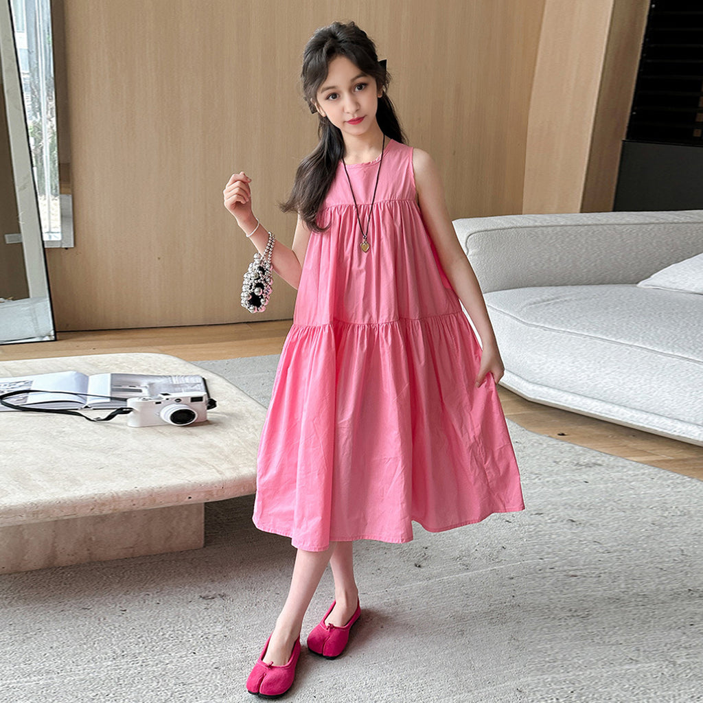 Girls Pink Tiered Casual Midi Dress