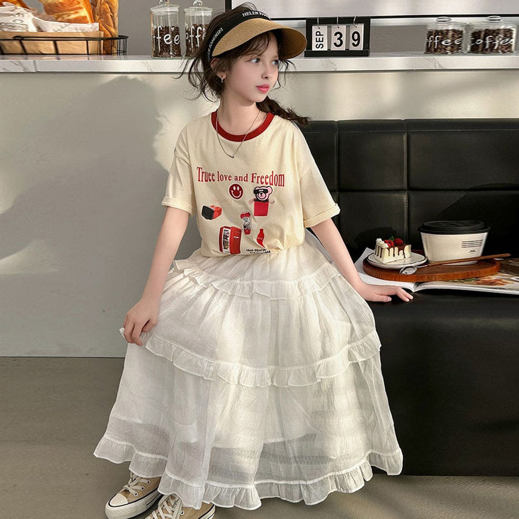 Girls Apricot Short Sleeve Graphic Print-Embroidery T-Shirt