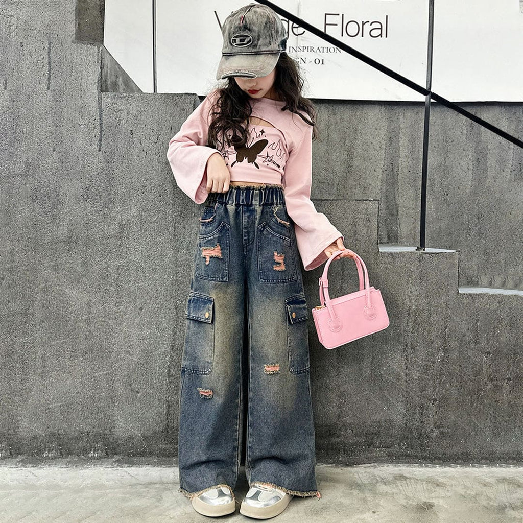 Girls Distressed Straight Fit Cargo Jeans