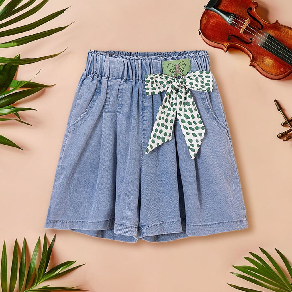 Girls Pleated Denim Short With Printed Bow