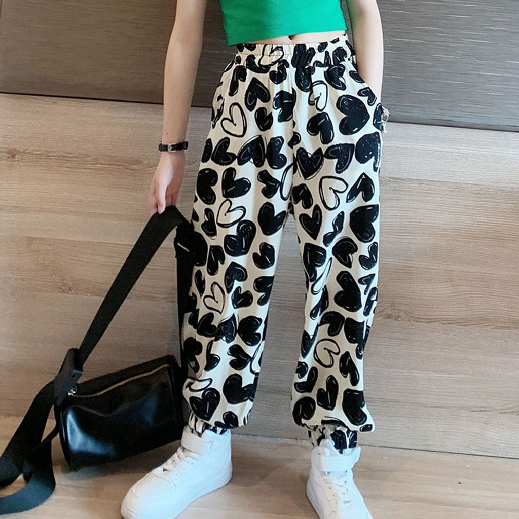 Girls Cuff Hem Heart Print Pants Pants Black 4-5 Y 