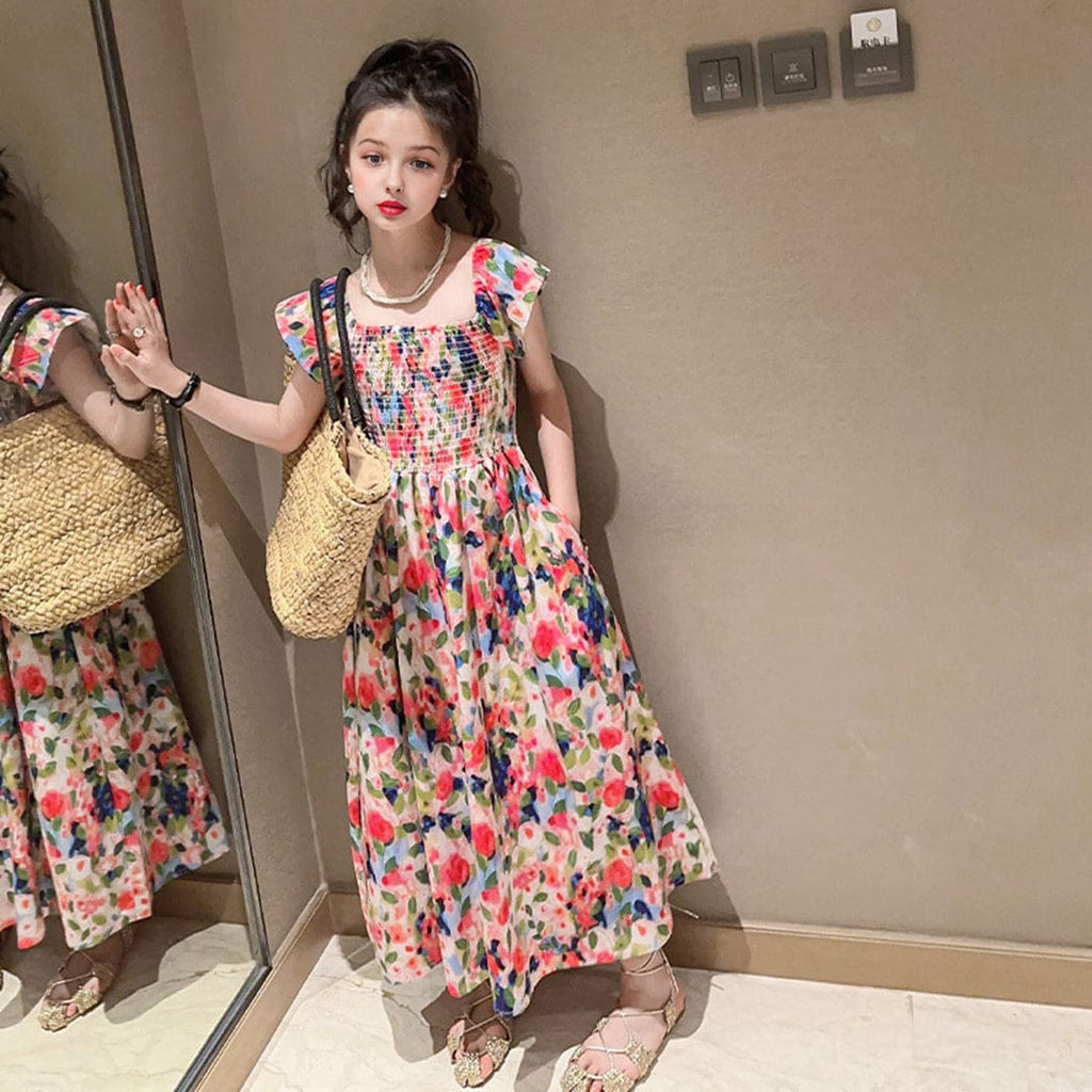 Girls Multicolor Floral Print Smocked Maxi Dress
