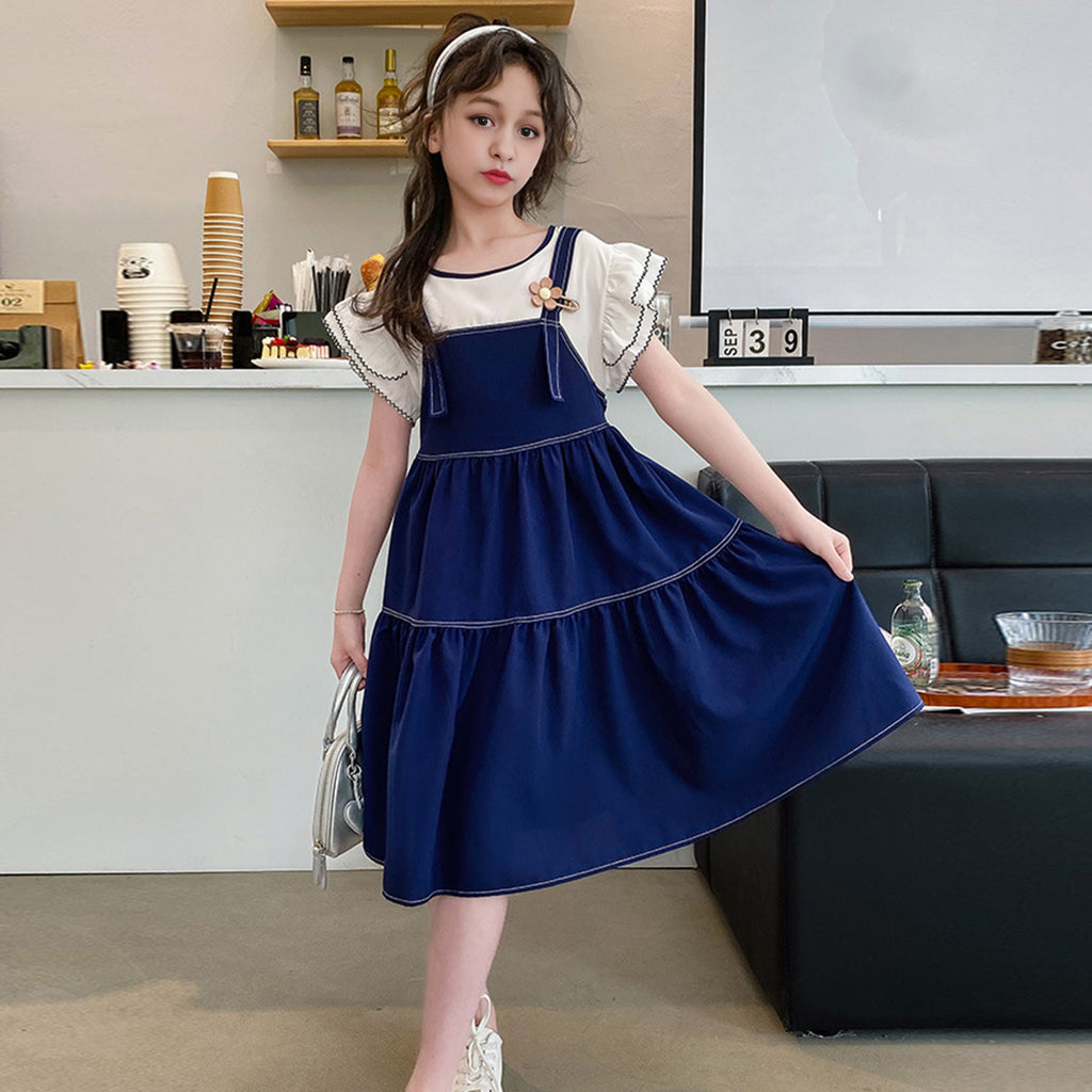 Girls Flared Sleeve Top with attached Tiered Pinafore Dress