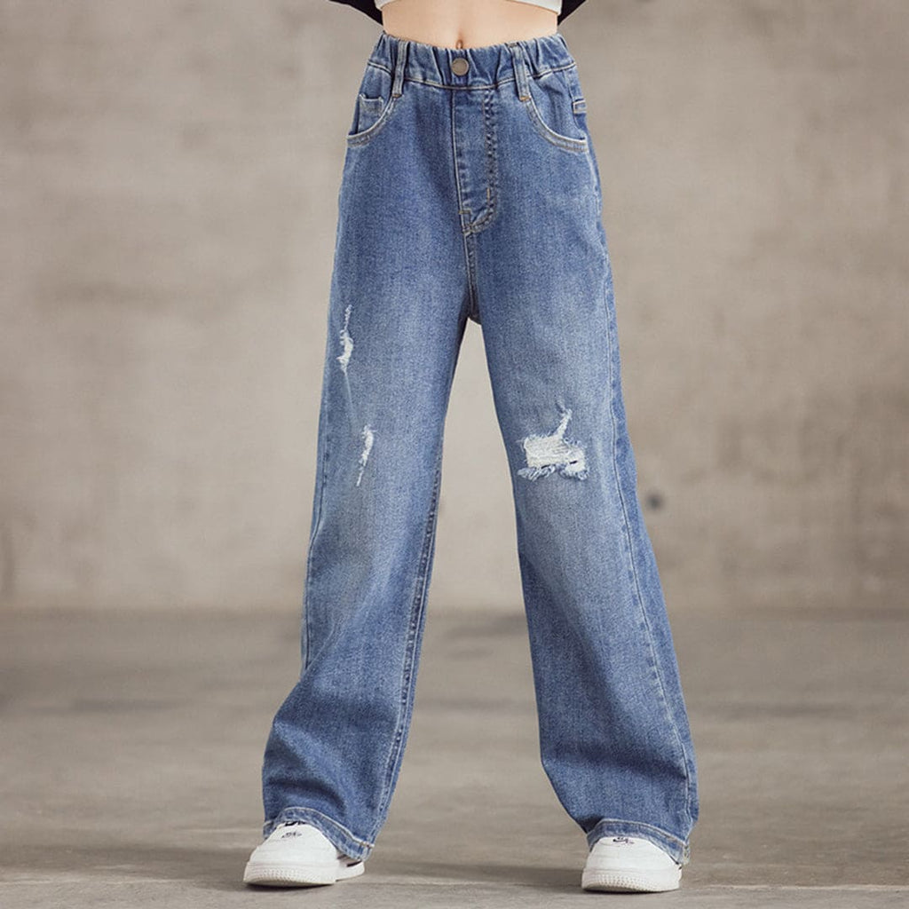 Girls Elasticated Mildly Distress Denim Jeans