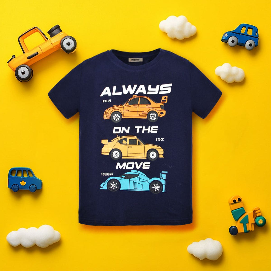 Boys Dark Blue Car Print Short Sleeves T-shirt