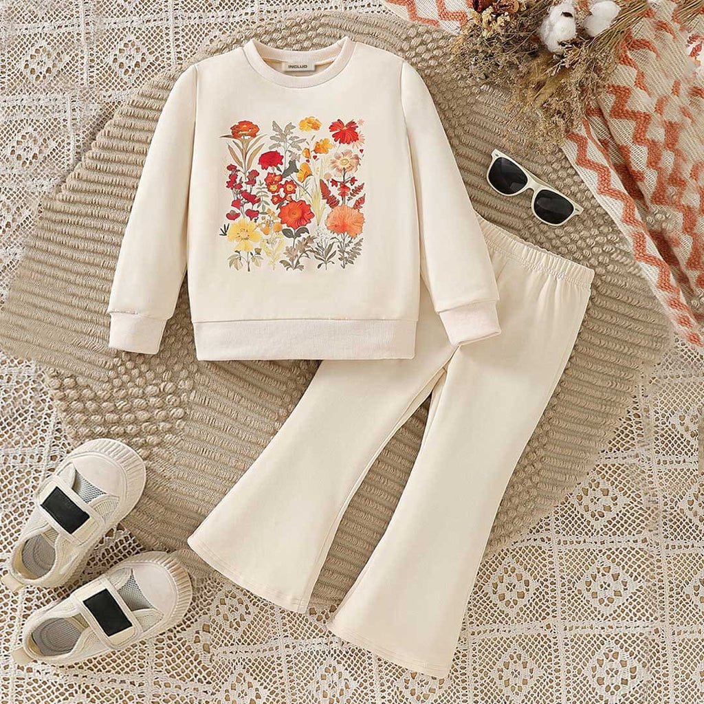 Girls Flower Print Sweatshirt With Pants Set