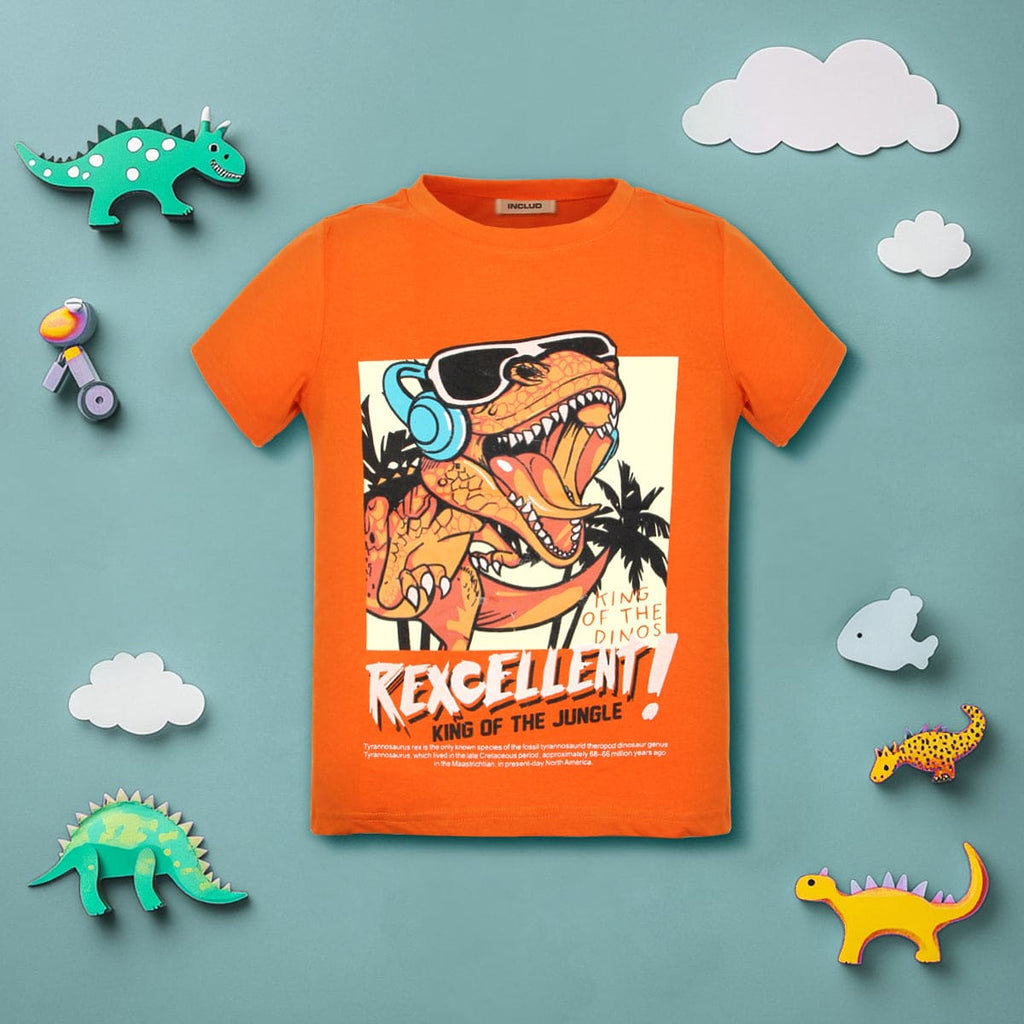 Boys Orange Dinosaur Print Short Sleeves T-shirt