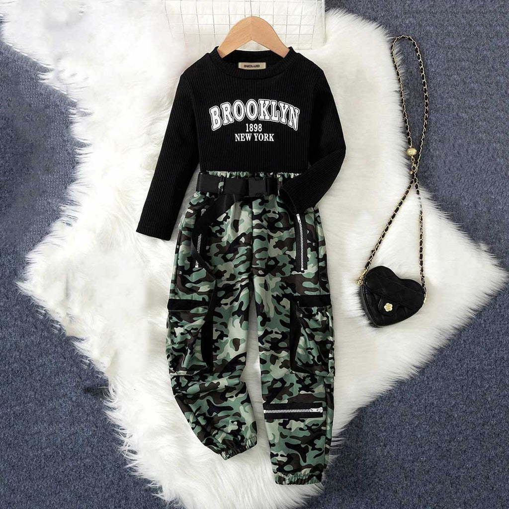 Girls Black T-Shirt With Camouflage Printed Pants Set