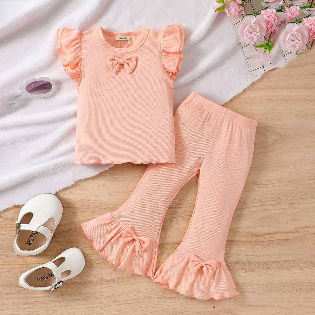 Girls Peach Ribbed Top with Flared Pants Set Sets Peach 1-2 Y 