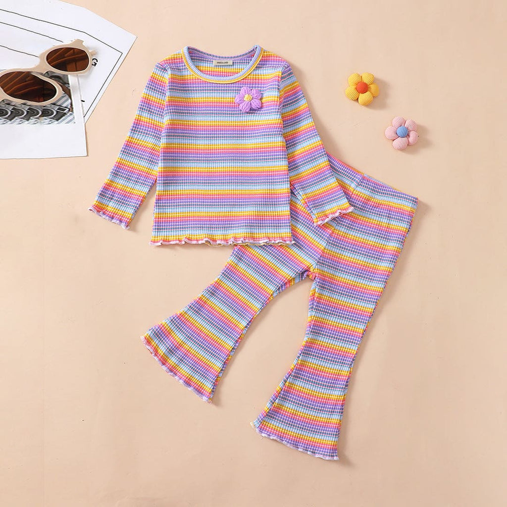 Girls Violet-Multicolored Striped Ribbed Top & Flared Pants Set Sets Violet 6-12 M 