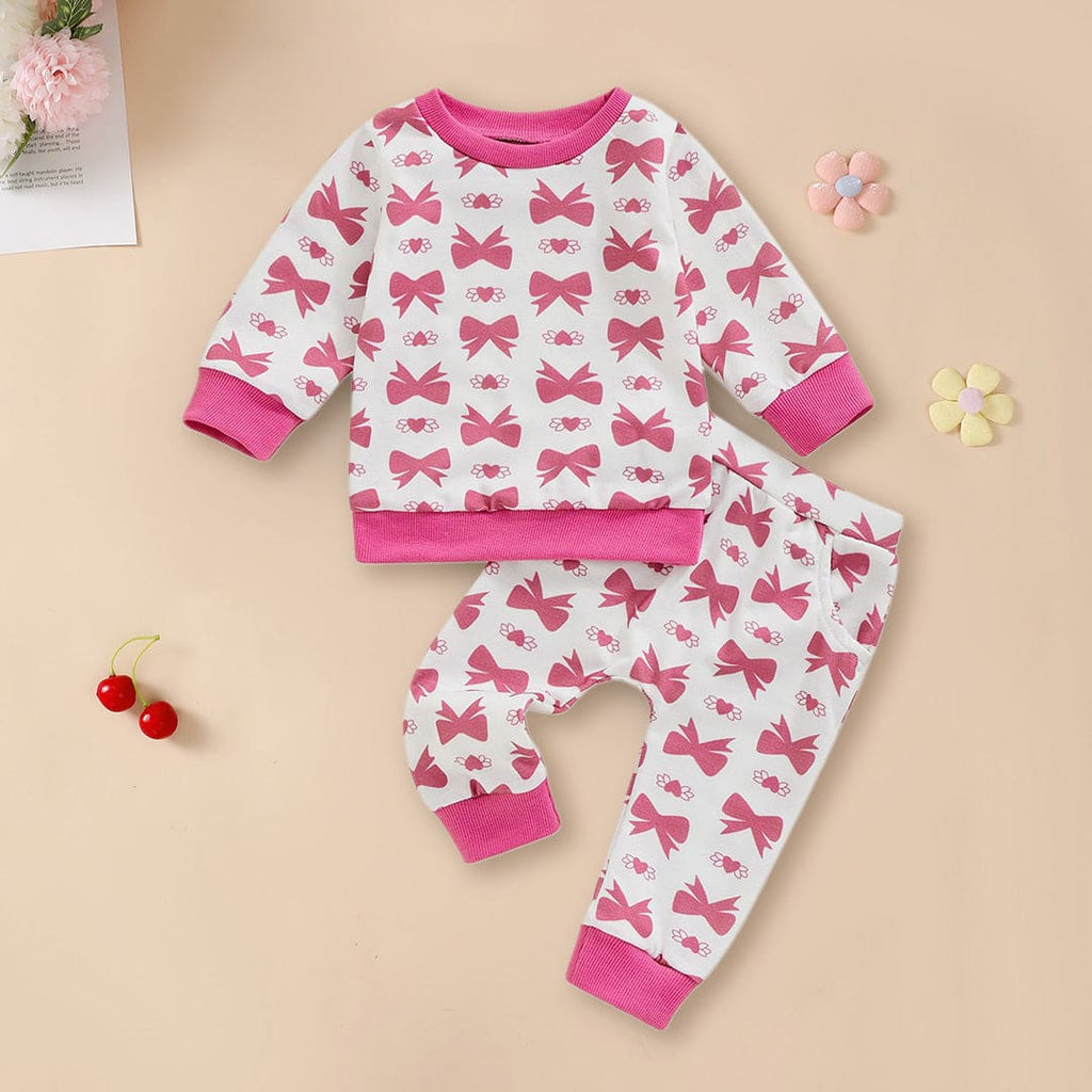 Girls White-Fuchsia Bow Print Sweatshirt & Sweatpants Set Sets Fuchsia 6-12 M 