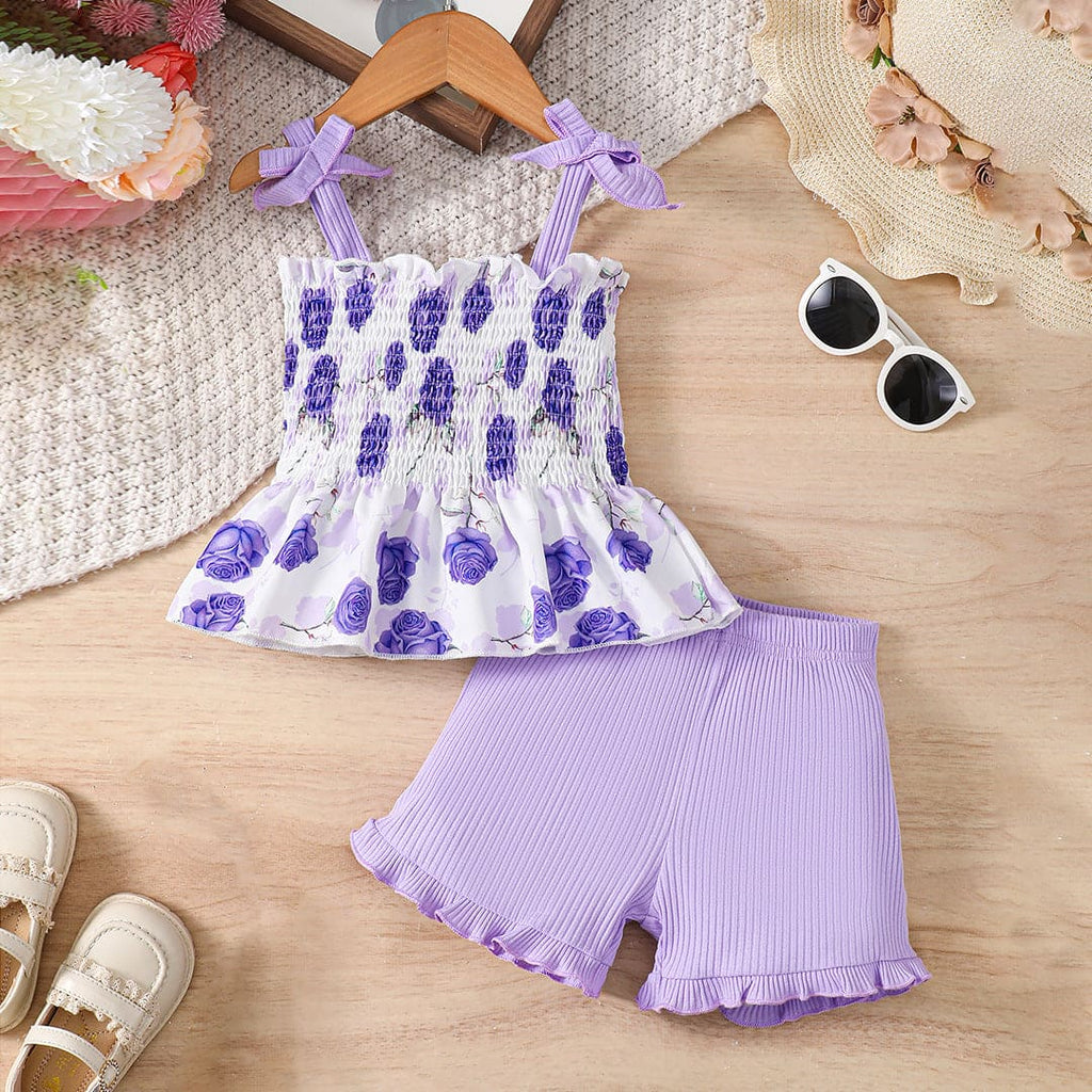 Girls Purple Floral Print Smocked Top with Ribbed Shorts Set Sets Violet 1-2 Y 