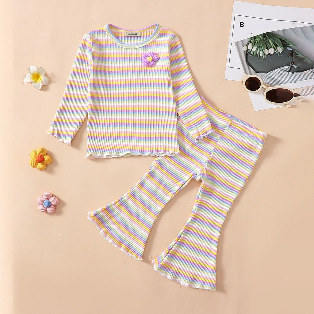 Girls Beige-Multicolored Striped Ribbed Top & Flared Pants Set Sets Beige 6-12 M 