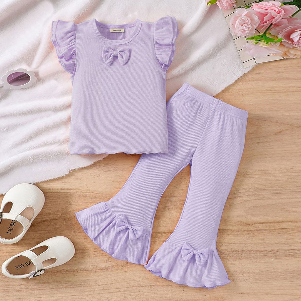 Girls Purple Ribbed Top with Flared Pants Set Sets Purple 1-2 Y 