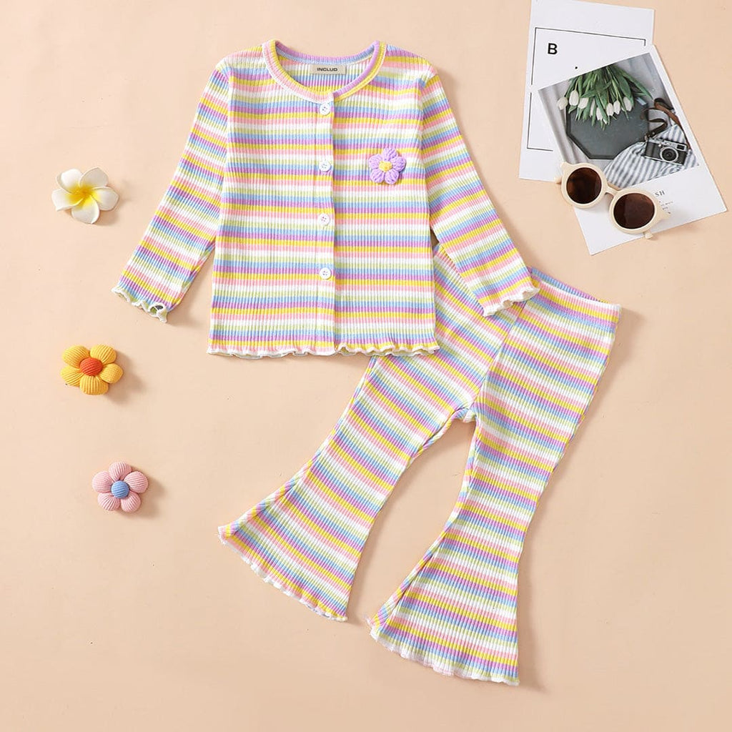 Girls Yellow-Multicolored Striped Ribbed Shirt with Flared Pants Set Sets Yellow 6-12 M 