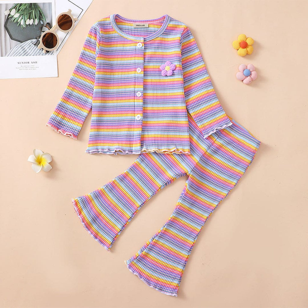 Girls Purple-Multicolored Striped Ribbed Shirt with Flared Pants Set Sets Purple 6-12 M 