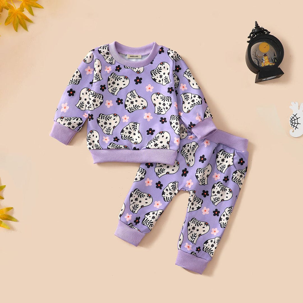 Girls Violet Halloween Theme Printed Sweatshirt & Sweatpants Set Sets Violet 6-12 M 