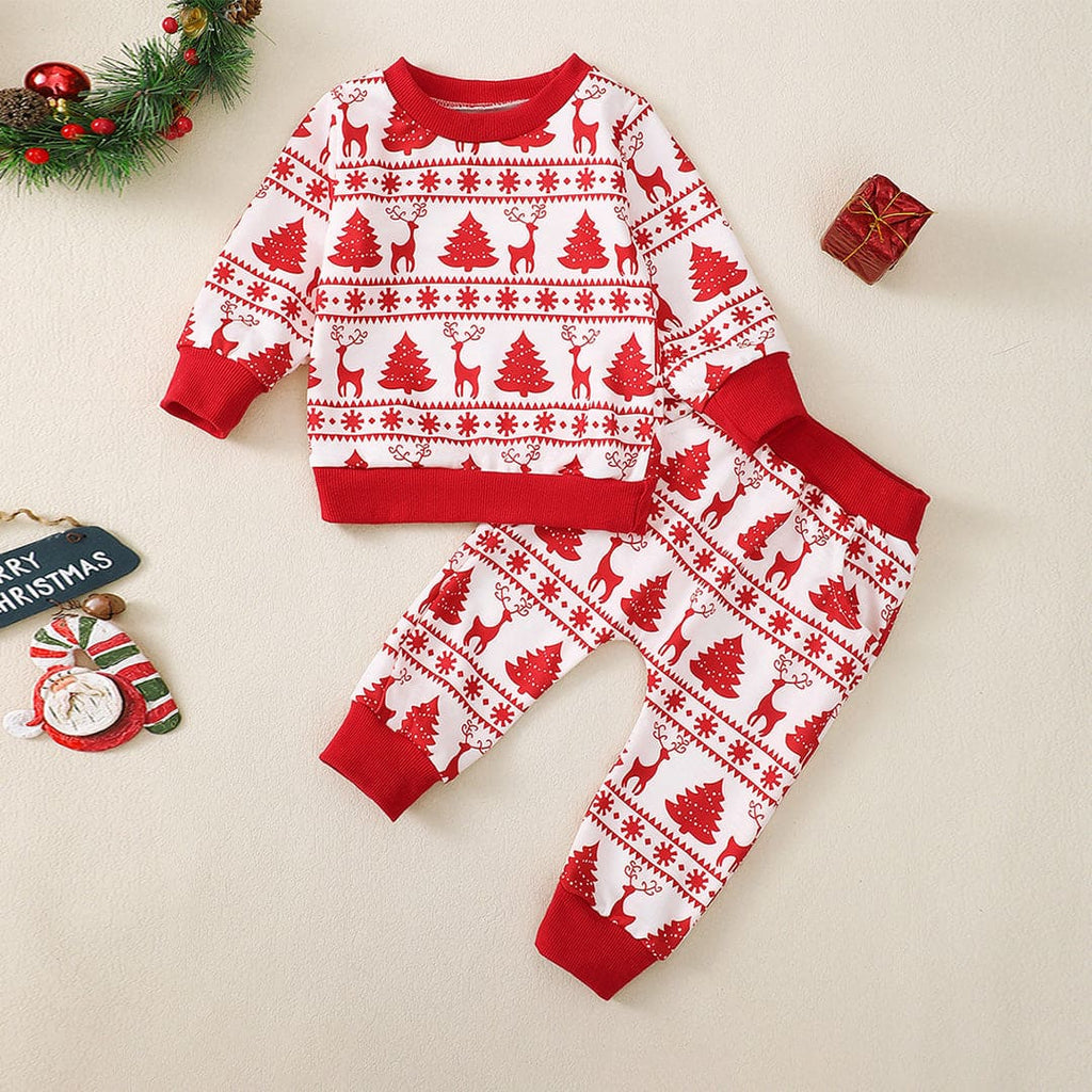 Girls White-Red Christmas Print Sweatshirt & Sweatpants Set Sets Red 6-12 M 