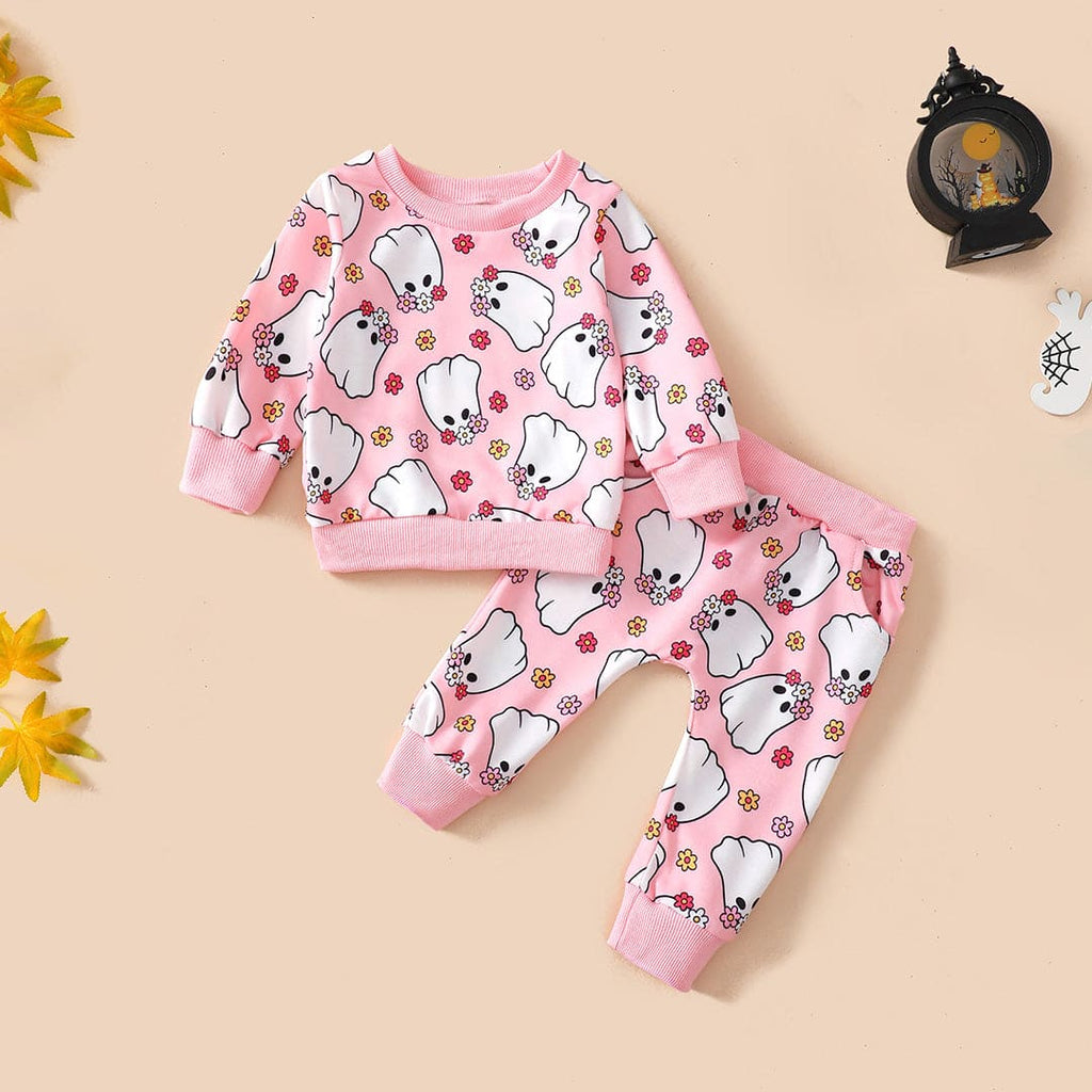 Girls Pink Halloween Theme Printed Sweatshirt & Sweatpants Set Sets Pink 6-12 M 