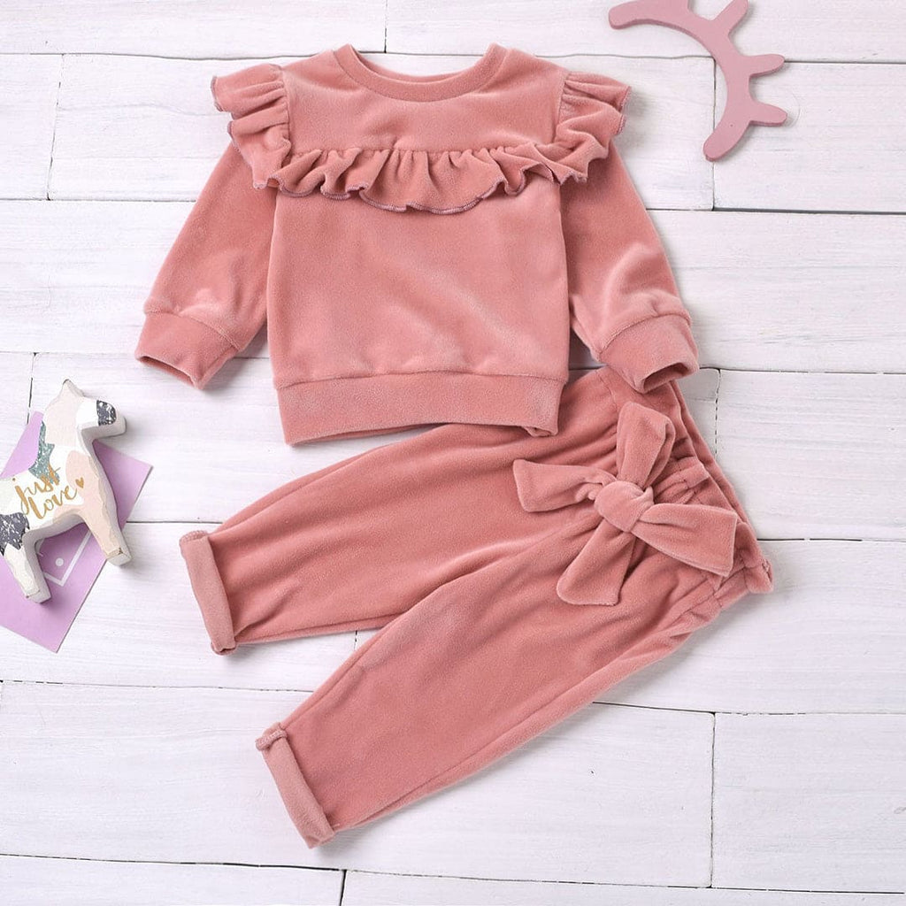 Girls Pink Velour Full Sleeves Plush Top with Trousers Set Sets Pink 6-12 M 