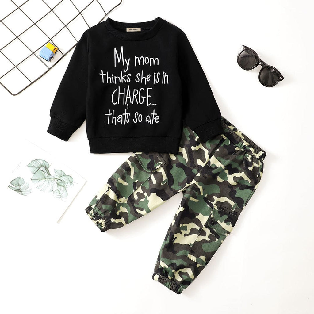 Boys Black Printed Sweatshirt with Camouflage Print Cargos Set Sets Black 12-18 M 