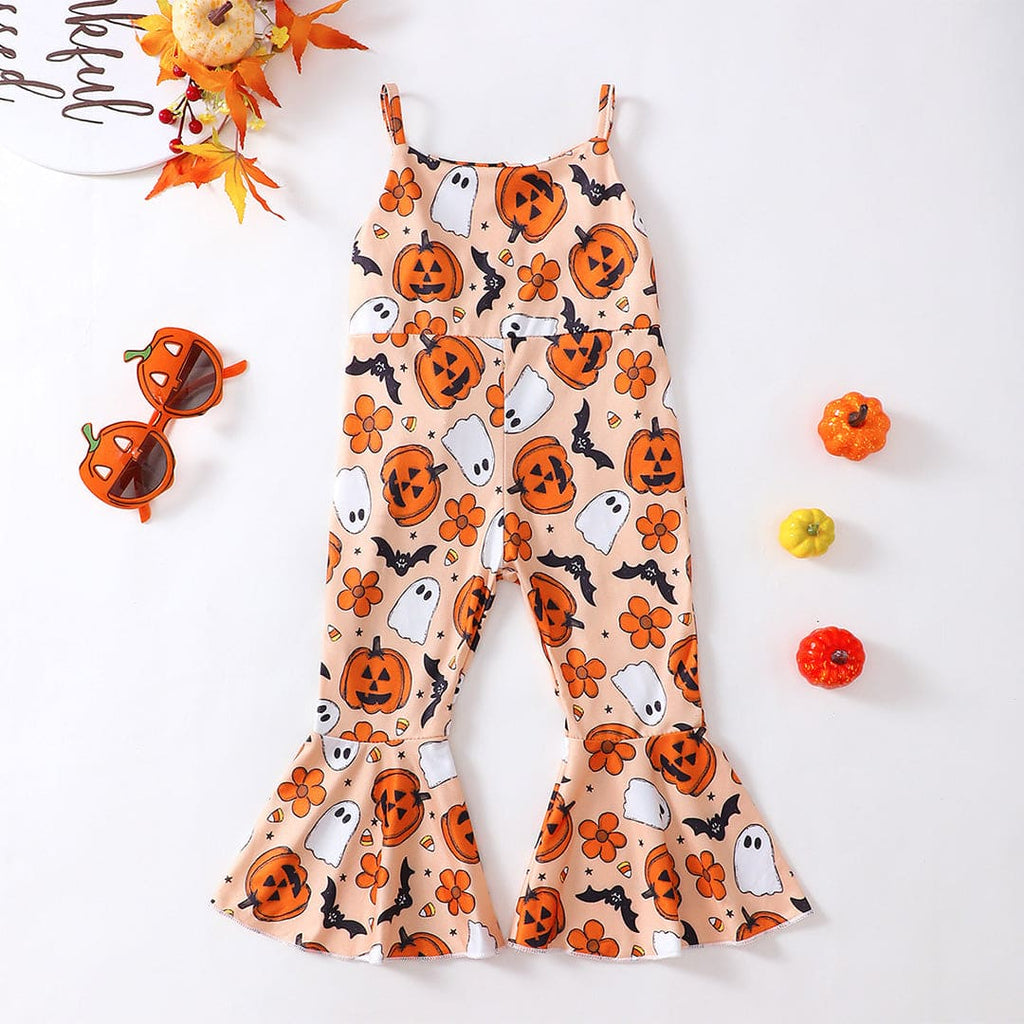 Girls Orange Sleeveless Halloween Theme Printed Jumpsuit Jumpsuits Orange 1-2 Y 