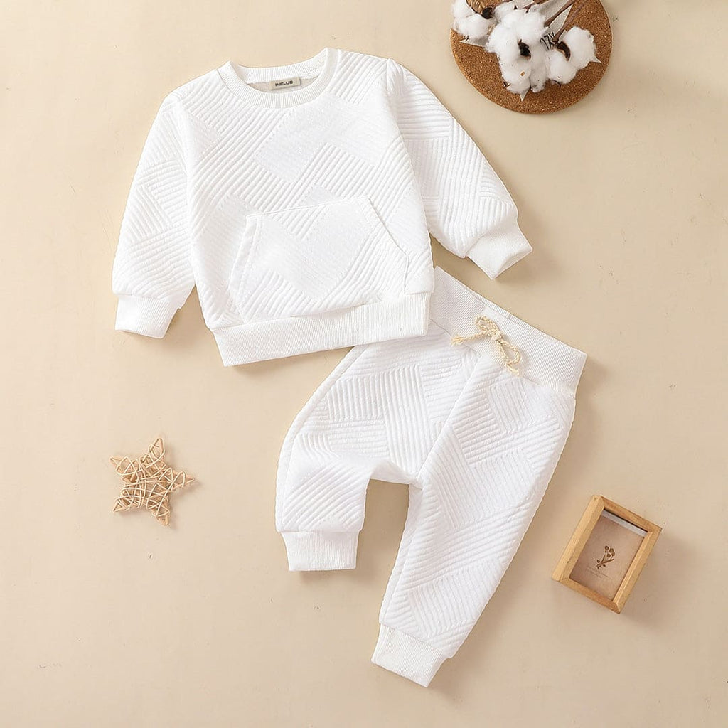 Boys White Textured Kangaroo Pocket Sweatshirt with Sweatpants Set Sets White 6-12 M 