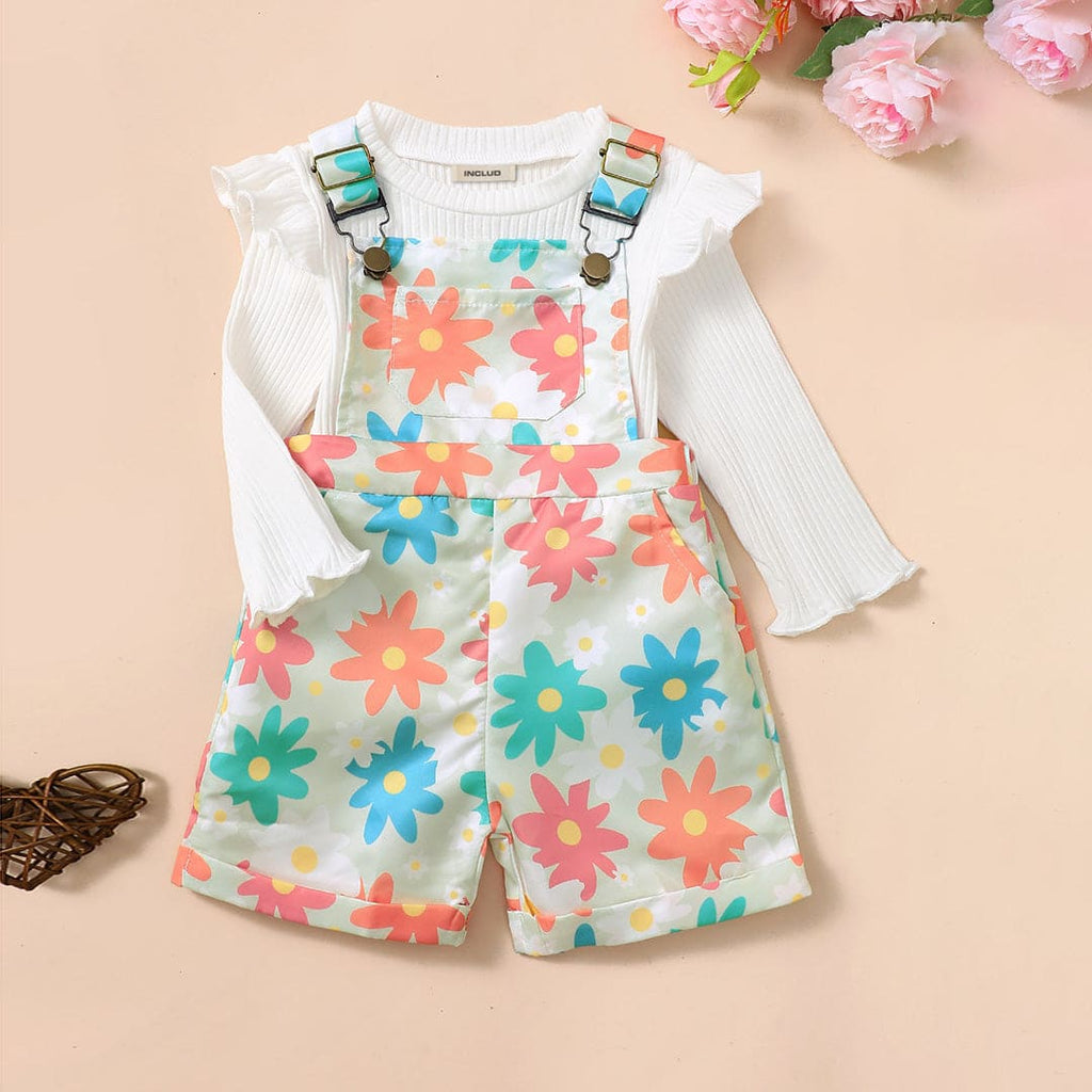 Girls Multicolored Floral Printed Dungaree with Ribbed Full Sleeves Top Set Sets White 12-18 M 