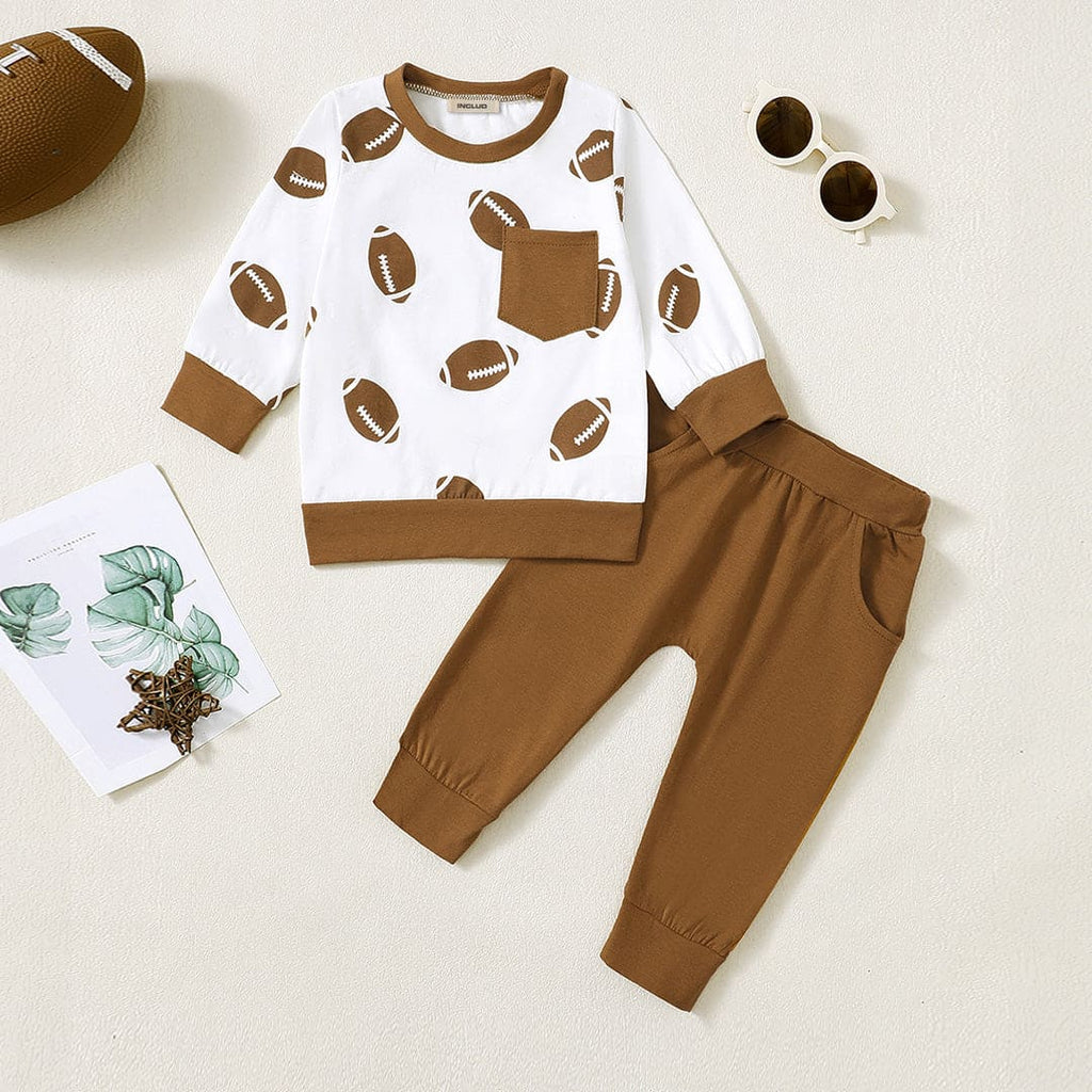 Boys Brown Rugby Ball Print Sweatshirt with Sweatpants Set Sets White 6-12 M 