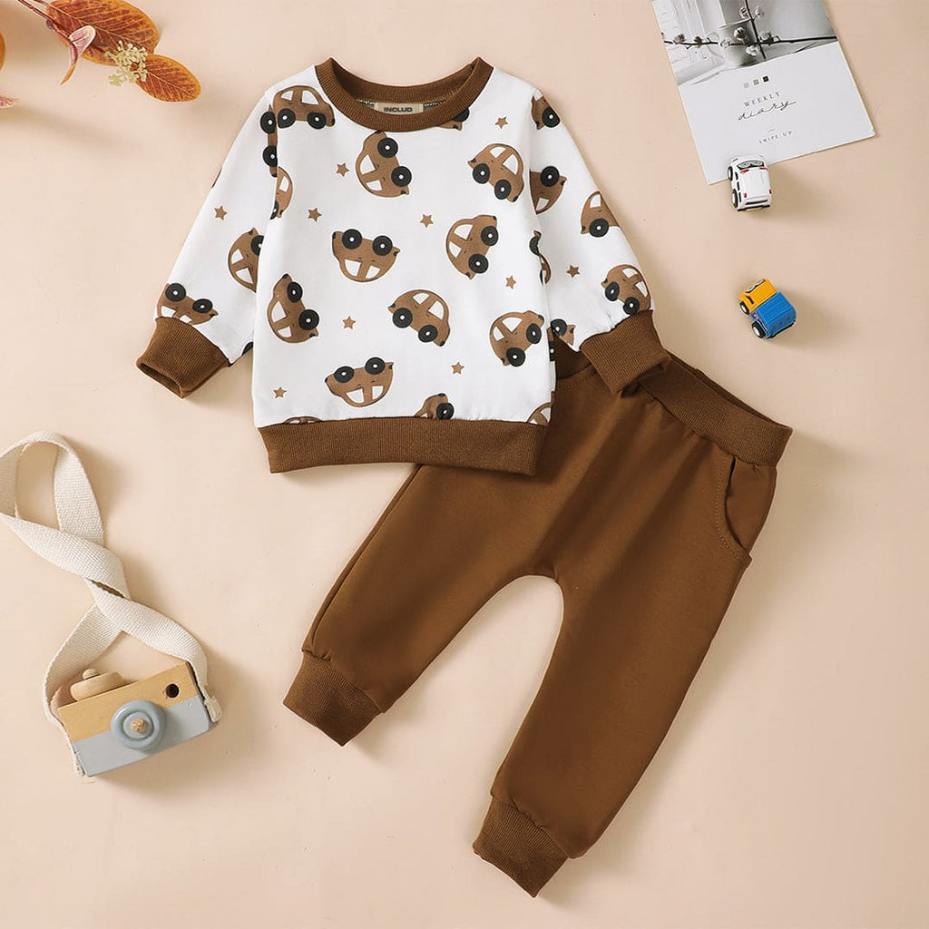 Boys Brown Car Print Sweatshirt with Sweatpants Set Sets Brown 6-12 M 