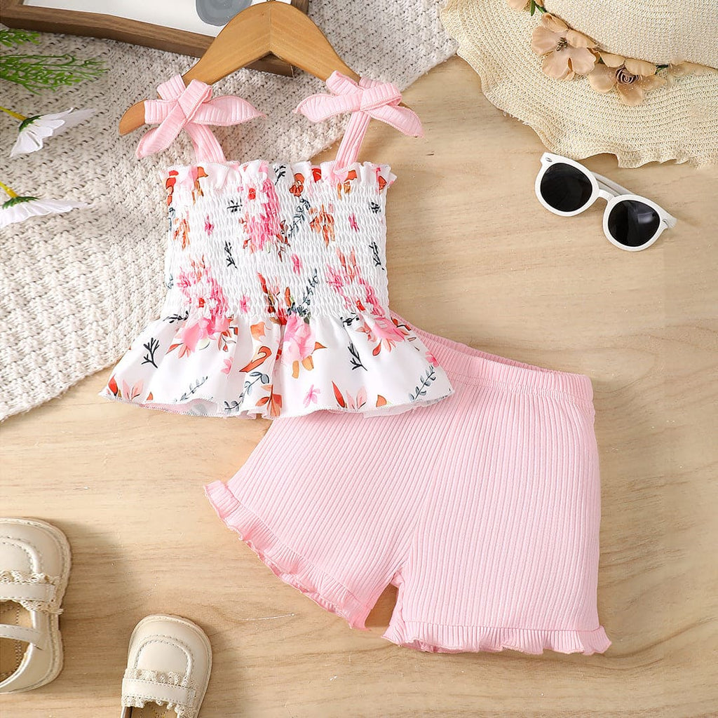 Girls Pink Floral Print Smocked Top with Ribbed Shorts Set Sets Pink 1-2 Y 