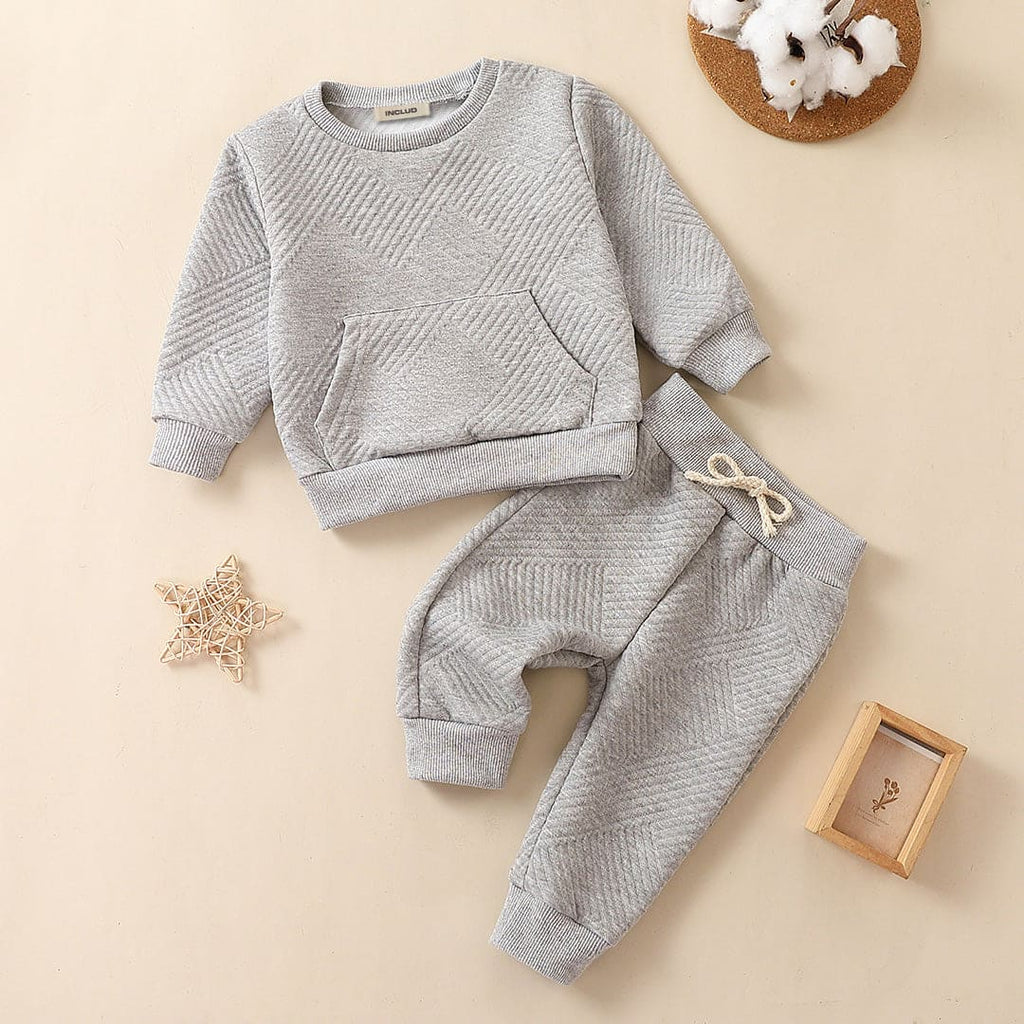 Boys Grey Textured Kangaroo Pocket Sweatshirt with Sweatpants Set Sets Gray 6-12 M 