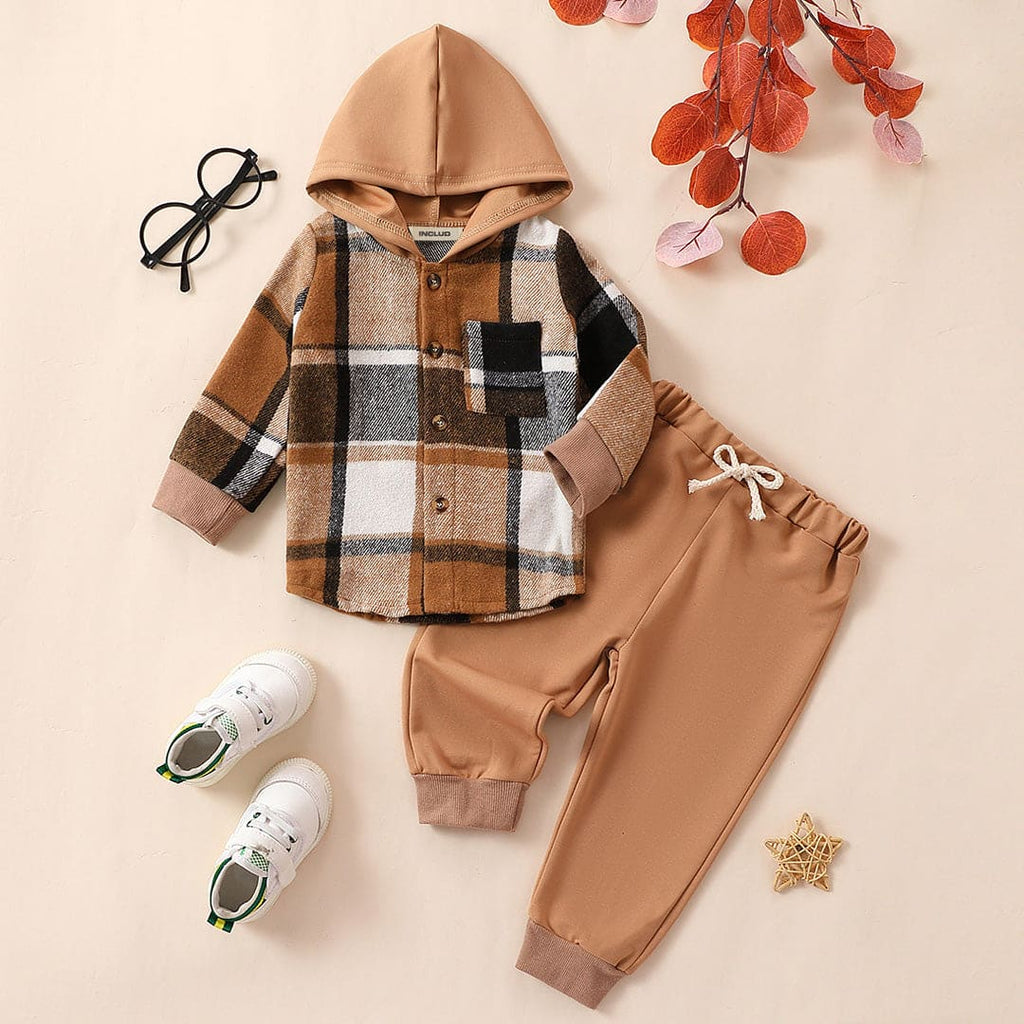 Boys Checkered Hooded Flannel Shacket with Joggers Set Sets Light Brown 1-2 Y 