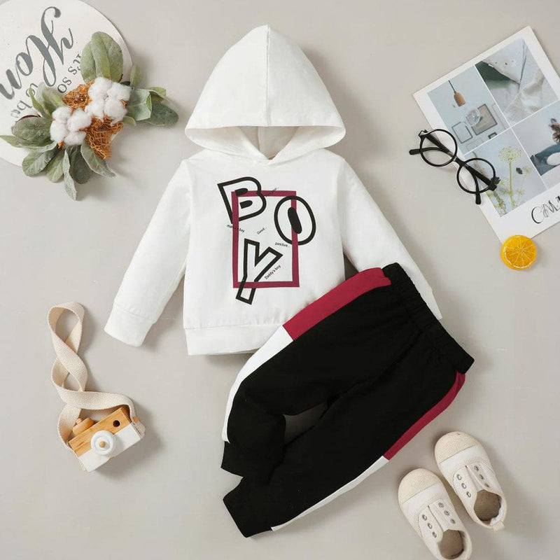 Boys Printed Hooded Knitted Sweatshirt with Trouser Set Sets   